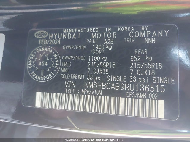 Продажа на аукционе авто 2024 Hyundai Kona Sel, vin: KM8HBCAB9RU136515, номер лота: 12593551