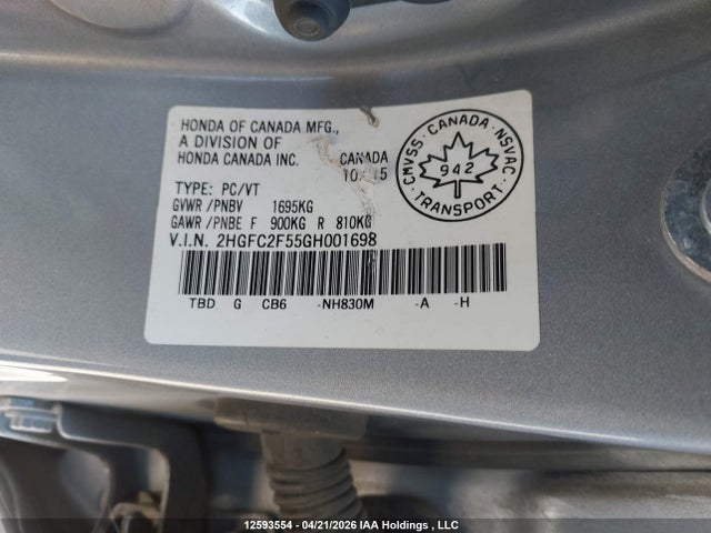 12593554 :رقم المزاد ، 2HGFC2F55GH001698 vin ، 2016 Honda Civic Sedan مزاد بيع