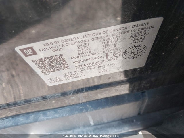 2019 Chevrolet Equinox Lt მანქანა იყიდება აუქციონზე, vin: 2GNAXKEV8K6133042, აუქციონის ნომერი: 12593564