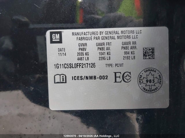 2015 Chevrolet Malibu მანქანა იყიდება აუქციონზე, vin: 1G11C5SL0FF217126, აუქციონის ნომერი: 12593570