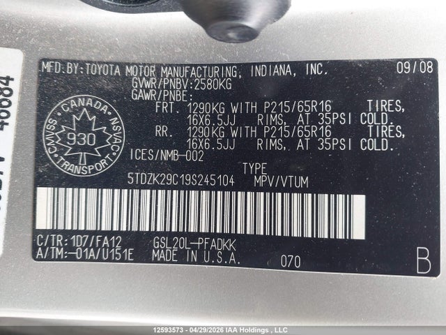 2009 Toyota Sienna Ce მანქანა იყიდება აუქციონზე, vin: 5TDZK29C19S245104, აუქციონის ნომერი: 12593573