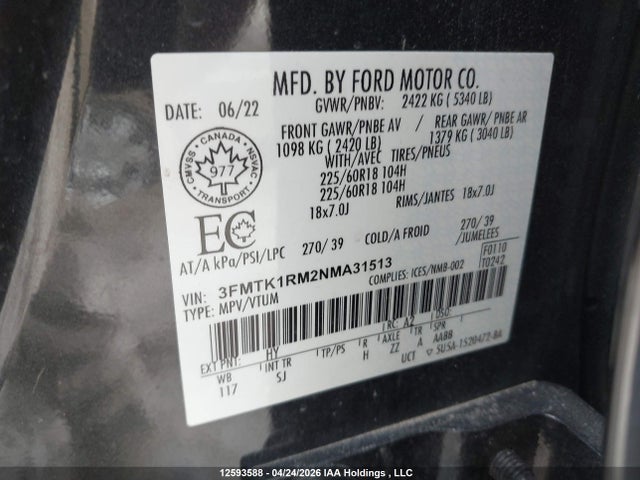Продаж на аукціоні авто 2022 Ford Mustang Mach-e Select, vin: 3FMTK1RM2NMA31513, номер лоту: 12593588