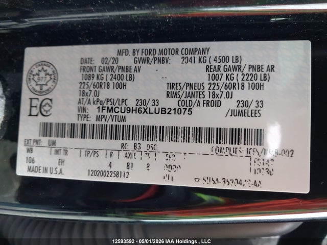 Ford ESCAPE SEL 2020 1FMCU9H6XLUB21075 Image 9