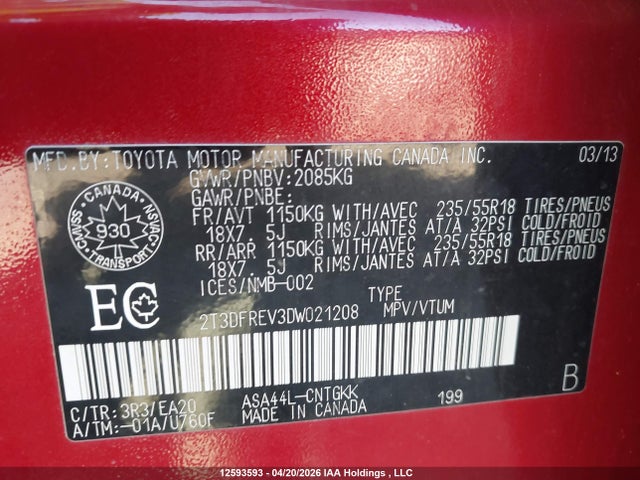 2013 Toyota Rav4 Limited მანქანა იყიდება აუქციონზე, vin: 2T3DFREV3DW021208, აუქციონის ნომერი: 12593593