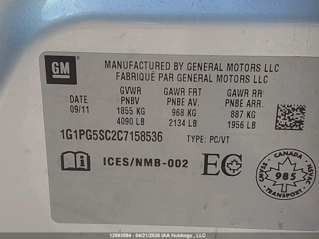 Продажа на аукционе авто 2012 Chevrolet Cruze Lt Turbo, vin: 1G1PG5SC2C7158536, номер лота: 12593594
