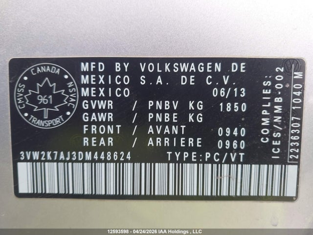 12593598 :رقم المزاد ، 3VW2K7AJ3DM448624 vin ، 2013 Volkswagen Jetta 2.0l Trendline/2.0l Trendline+ مزاد بيع