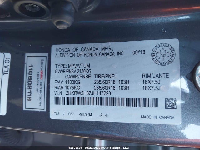 2HKRW2H87JH147223 Honda Cr-v Ex-l