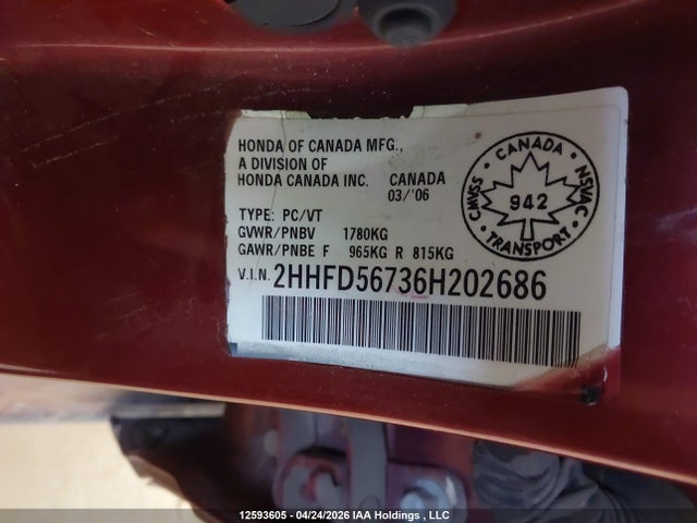 Продаж на аукціоні авто 2006 Acura Csx Premium, vin: 2HHFD56736H202686, номер лоту: 12593605