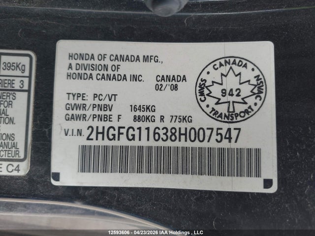 Продажа на аукционе авто 2008 Honda Civic Lx, vin: 2HGFG11638H007547, номер лота: 12593606