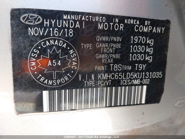 12593607 :رقم المزاد ، KMHC65LD5KU131035 vin ، 2019 Hyundai Ioniq Plug-in Hybrid Preferred مزاد بيع
