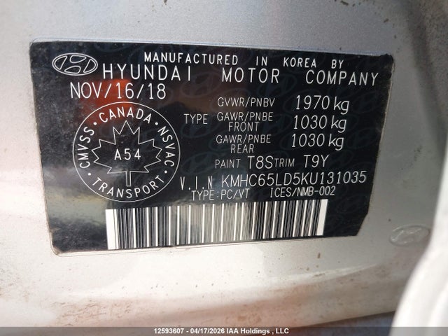 12593607 :رقم المزاد ، KMHC65LD5KU131035 vin ، 2019 Hyundai Ioniq Plug-in Hybrid Preferred مزاد بيع