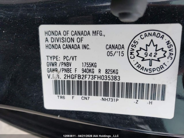 Aukcja sprzedaży 2015 Honda Civic Touring, vin: 2HGFB2F73FH035383, numer aukcji: 12593611