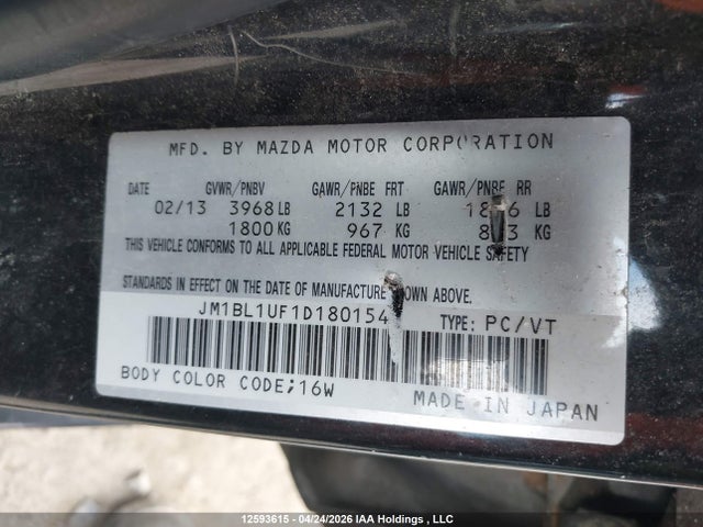 12593615 :رقم المزاد ، JM1BL1UF1D1801542 vin ، 2013 Mazda Mazda3 Gx مزاد بيع