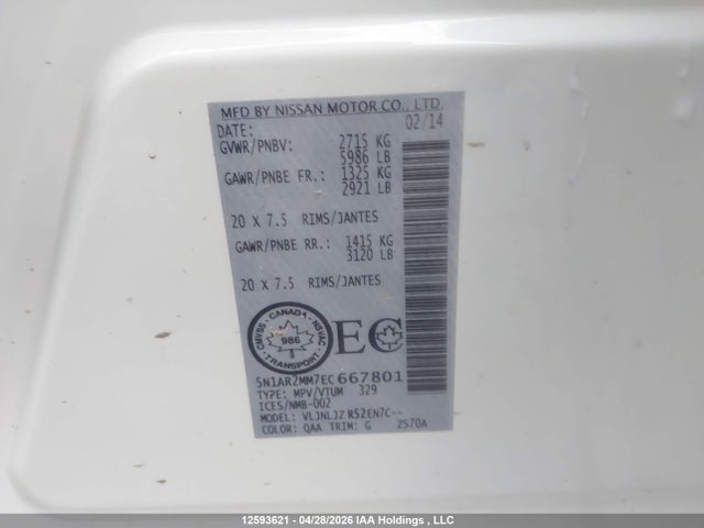 12593621 :رقم المزاد ، 5N1AR2MM7EC667801 vin ، 2014 Nissan Pathfinder مزاد بيع