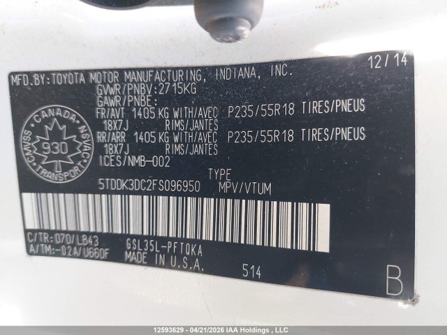 5TDDK3DC2FS096950 Toyota Sienna Xle 7 Passenger
