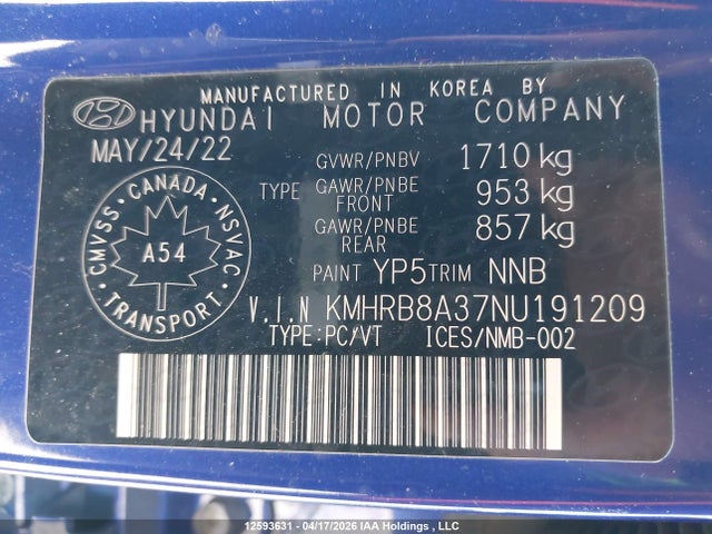 Продажа на аукционе авто 2022 Hyundai Venue Essential Auto Ivt, vin: KMHRB8A37NU191209, номер лота: 12593631