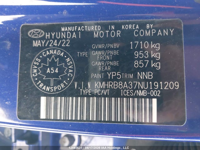 Продажа на аукционе авто 2022 Hyundai Venue Essential Auto Ivt, vin: KMHRB8A37NU191209, номер лота: 12593631