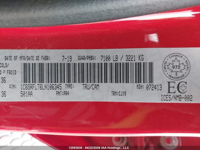 2020 Ram 1500 Rebel მანქანა იყიდება აუქციონზე, vin: 1C6SRFLT6LN106345, აუქციონის ნომერი: 12593638