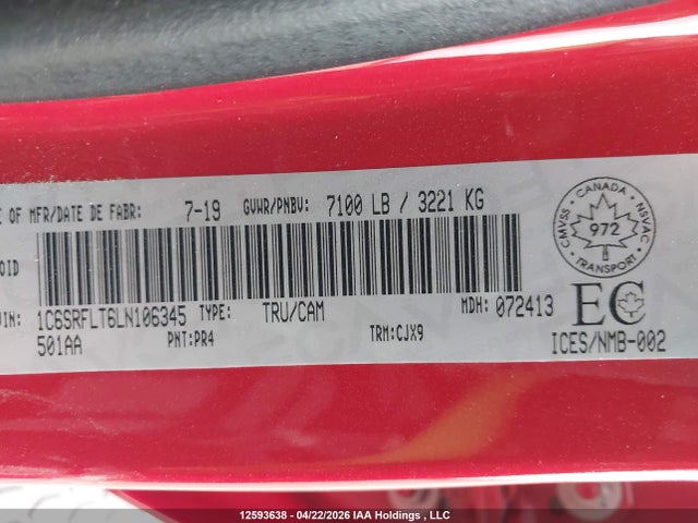 2020 Ram 1500 Rebel მანქანა იყიდება აუქციონზე, vin: 1C6SRFLT6LN106345, აუქციონის ნომერი: 12593638