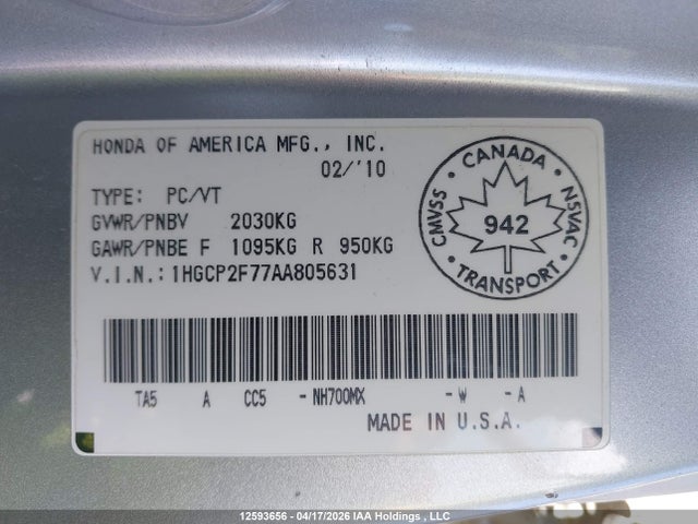 Aukcja sprzedaży 2010 Honda Accord Ex, vin: 1HGCP2F77AA805631, numer aukcji: 12593656