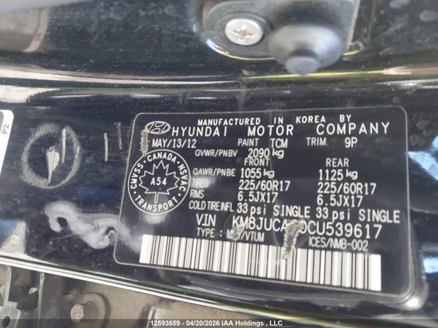 Продаж на аукціоні авто 2012 Hyundai Tucson Gls/limited, vin: KM8JUCAC0CU539617, номер лоту: 12593659