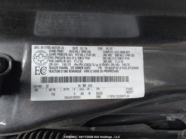 Продаж на аукціоні авто 2016 Ford Focus Se, vin: 1FADP3F23GL272998, номер лоту: 12593661