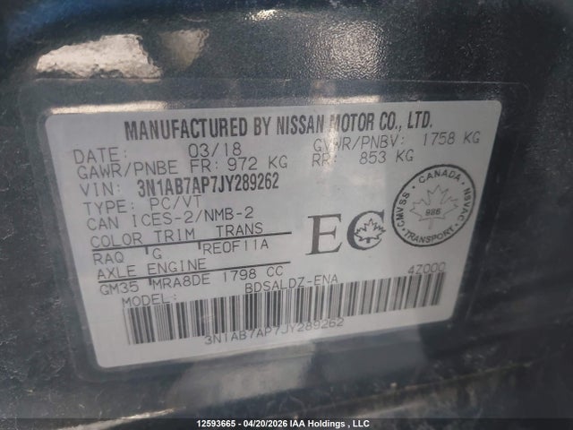 Aukcja sprzedaży 2018 Nissan Sentra S/sv/sr/sl, vin: 3N1AB7AP7JY289262, numer aukcji: 12593665
