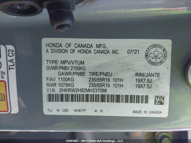 2HKRW2H92MH237098 Honda Cr-v Touring