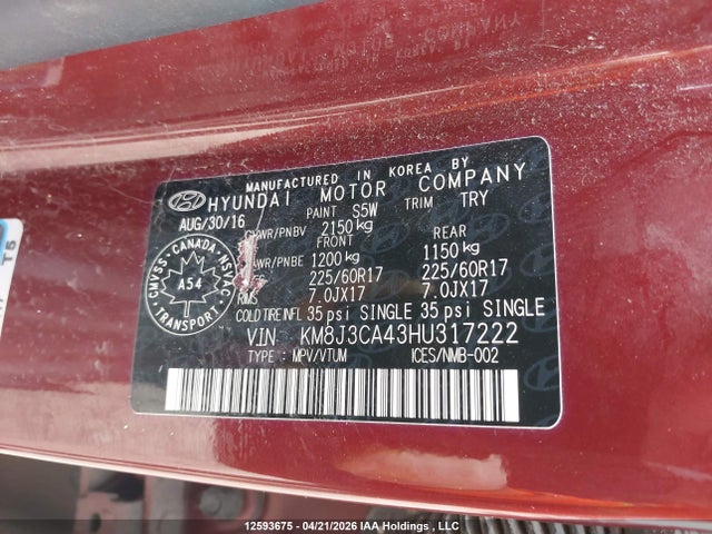 KM8J3CA43HU317222 Hyundai TUCSON SE