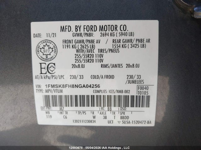 12593678 :رقم المزاد ، 1FMSK8FH8NGA04256 vin ، 2022 Ford Explorer Limited مزاد بيع