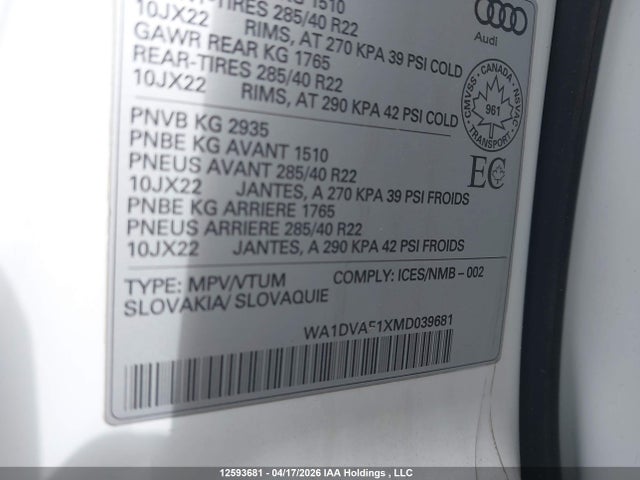 Продаж на аукціоні авто 2021 Audi Q8 55 Progressiv, vin: WA1DVAF1XMD039681, номер лоту: 12593681