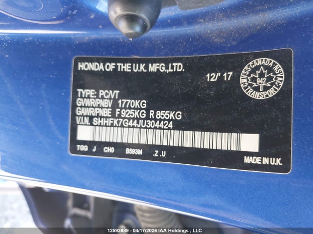 SHHFK7G44JU304424 Honda Civic Sport