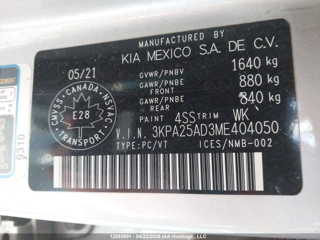 Aukcja sprzedaży 2021 Kia Rio, vin: 3KPA25AD3ME404050, numer aukcji: 12593691