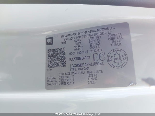 2022 Chevrolet Colorado Wt მანქანა იყიდება აუქციონზე, vin: 1GCHSBEA2N1189181, აუქციონის ნომერი: 12593692