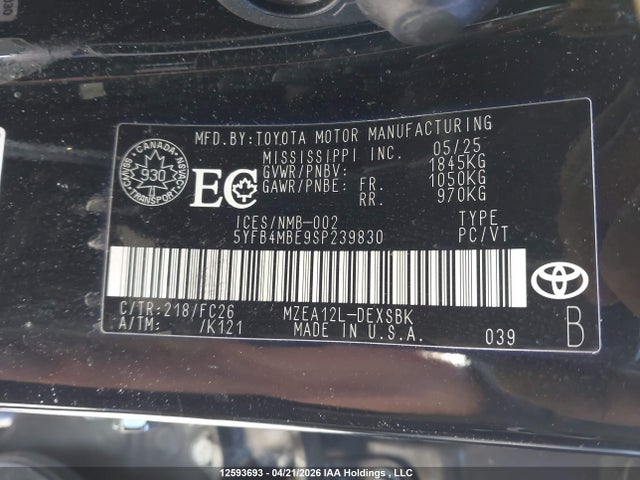 12593693 :رقم المزاد ، 5YFB4MBE9SP239830 vin ، 2025 Toyota Corolla Se مزاد بيع