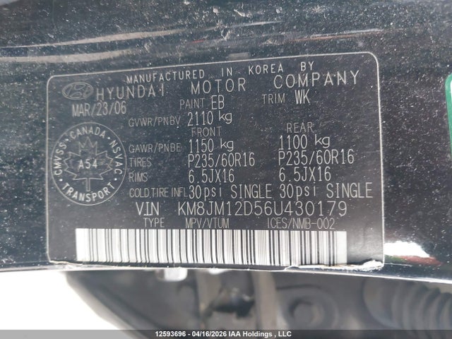 2006 Hyundai Tucson მანქანა იყიდება აუქციონზე, vin: KM8JM12D56U430179, აუქციონის ნომერი: 12593696