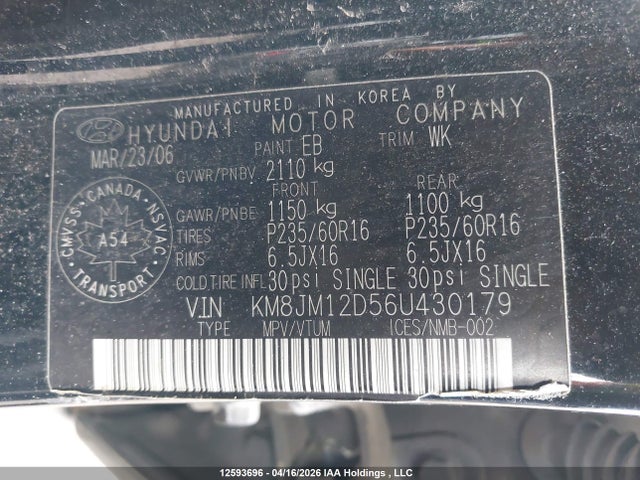2006 Hyundai Tucson მანქანა იყიდება აუქციონზე, vin: KM8JM12D56U430179, აუქციონის ნომერი: 12593696