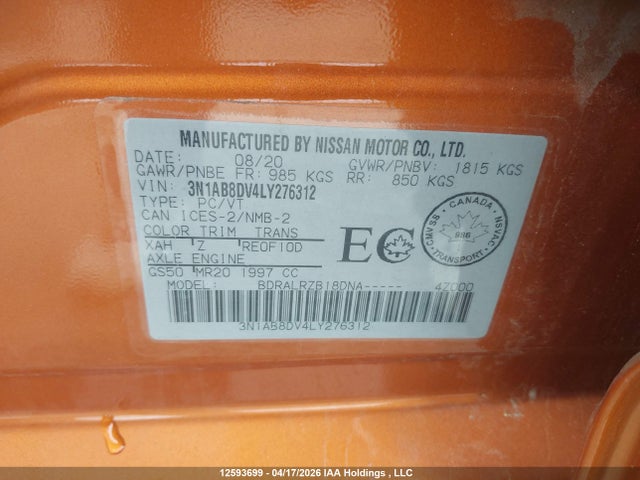 Продажа на аукционе авто 2020 Nissan Sentra Sr, vin: 3N1AB8DV4LY276312, номер лота: 12593699