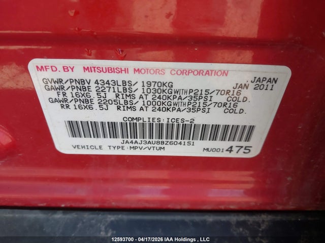 Продаж на аукціоні авто 2011 Mitsubishi Rvr, vin: JA4AJ3AU8BZ604151, номер лоту: 12593700