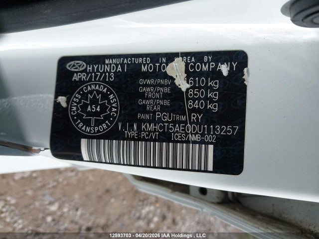 12593703 :رقم المزاد ، KMHCT5AE0DU113257 vin ، 2013 Hyundai Accent Gl مزاد بيع