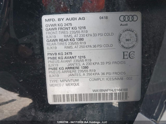 12593706 :رقم المزاد ، WA1BNAFY4J2164168 vin ، 2018 Audi Q5 2.0t Progressiv مزاد بيع