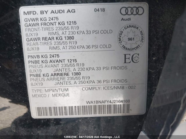 12593706 :رقم المزاد ، WA1BNAFY4J2164168 vin ، 2018 Audi Q5 2.0t Progressiv مزاد بيع