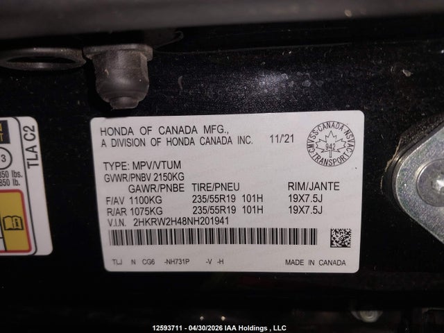Продаж на аукціоні авто 2022 Honda Cr-v Sport, vin: 2HKRW2H48NH201941, номер лоту: 12593711