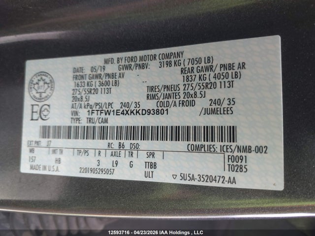 Продажа на аукционе авто 2019 Ford F-150 Lariat, vin: 1FTFW1E4XKKD93801, номер лота: 12593716