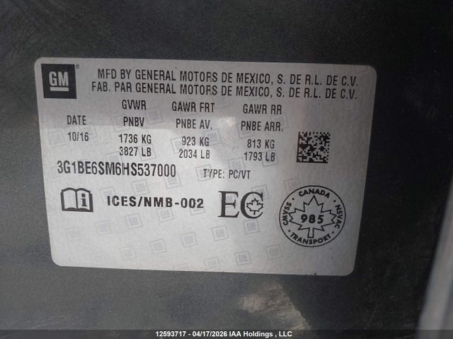 12593717 :رقم المزاد ، 3G1BE6SM6HS537000 vin ، 2017 Chevrolet Cruze مزاد بيع