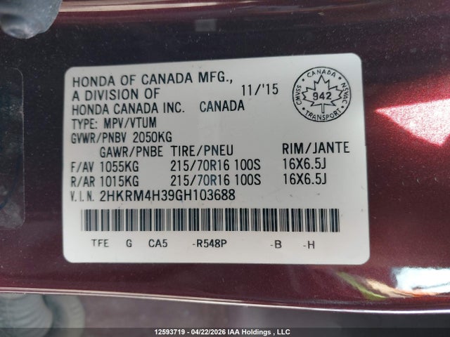 Aukcja sprzedaży 2016 Honda Cr-v Lx, vin: 2HKRM4H39GH103688, numer aukcji: 12593719