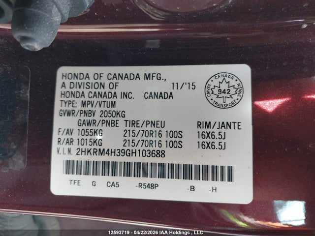 Aukcja sprzedaży 2016 Honda Cr-v Lx, vin: 2HKRM4H39GH103688, numer aukcji: 12593719