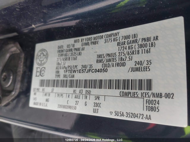 Продажа на аукционе авто 2018 Ford F-150 Xlt, vin: 1FTEW1E57JFC04050, номер лота: 12593720