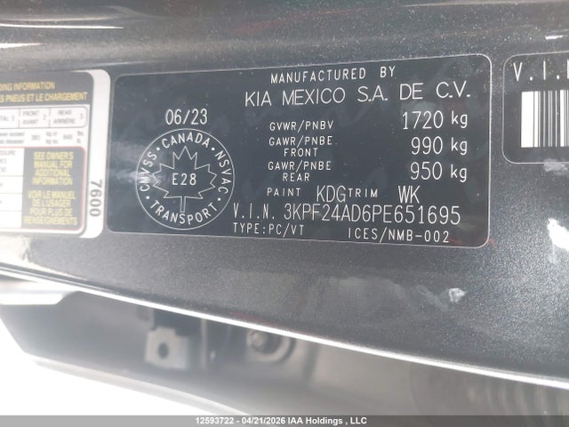3KPF24AD6PE651695 KIA FORTE LX