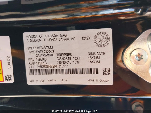 2HKRS6H72RH216115 Honda Cr-v Ex-l Hybrid